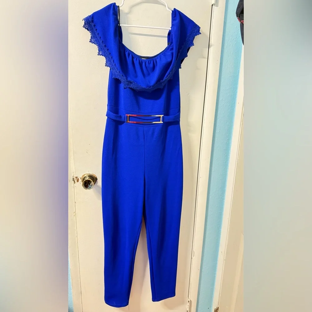 Chic Royal Blue Off-Shoulder Jumpsuit - Picture 2 of 3